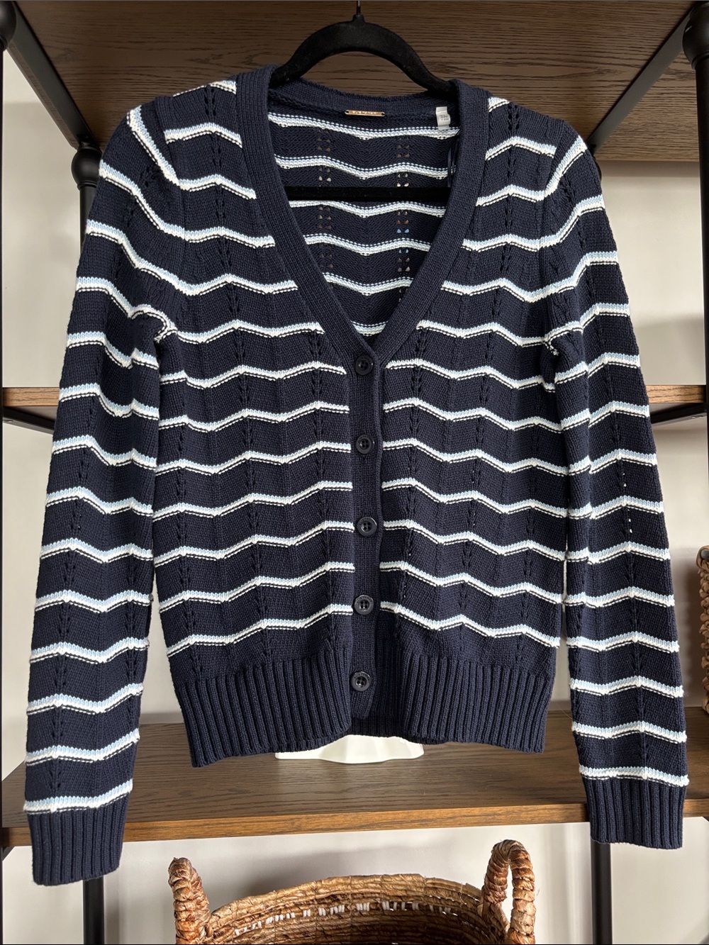 Elie Tahari Navy and White Striped V-Neck Cardigan